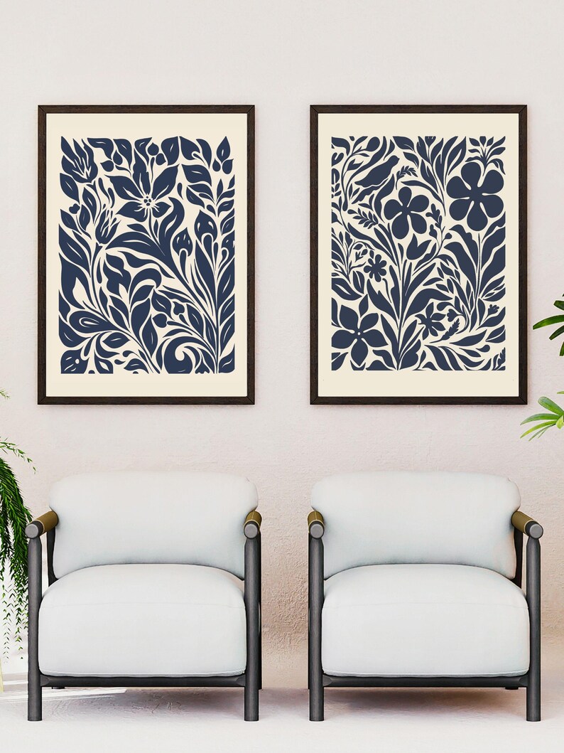 Blue and White Print, Navy Home Decor, Floral Wall Art, Botanical ...