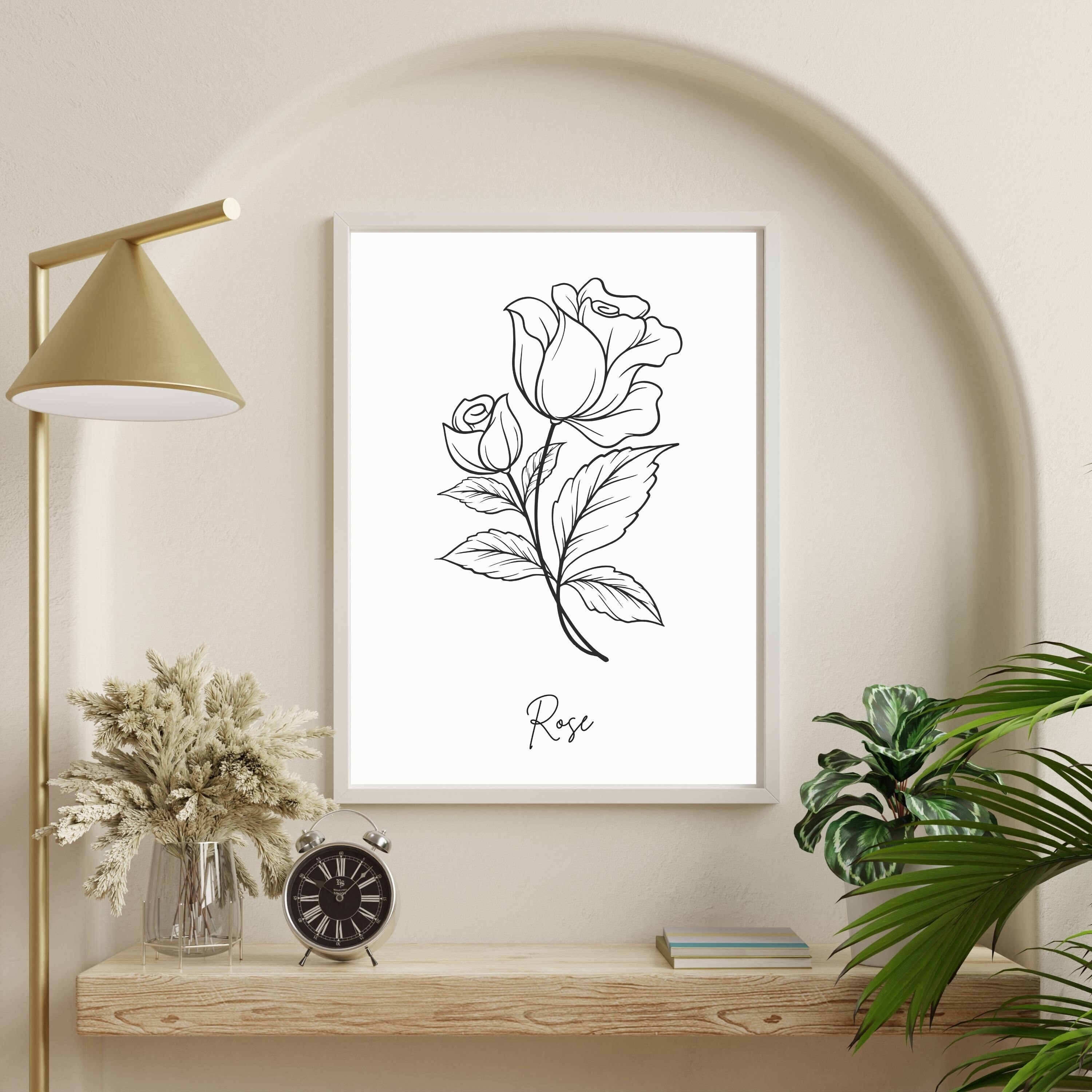 June Rose Birth Flower Wall Art New Baby Gift Art Print Line Art ...