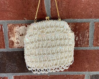 Vintage white purse, small beaded hand made, 80s vintage,  wedding, pretty, boho fancy, petite evening bag, Hong Kong