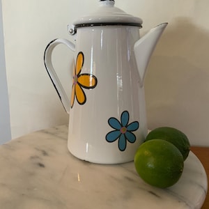 Peut inclure: Cafetière en émail blanc avec garniture noire et motifs floraux orange et bleu. La cafetière a un couvercle et une poignée incurvée. Deux citrons verts reposent sur une surface en marbre.