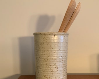 Handmade pottery jug, utensil holder, large storage container, blue speckled stoneware