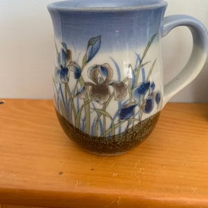 Handmade pottery mug, blue orchids, home decor-vintage coffee, gift