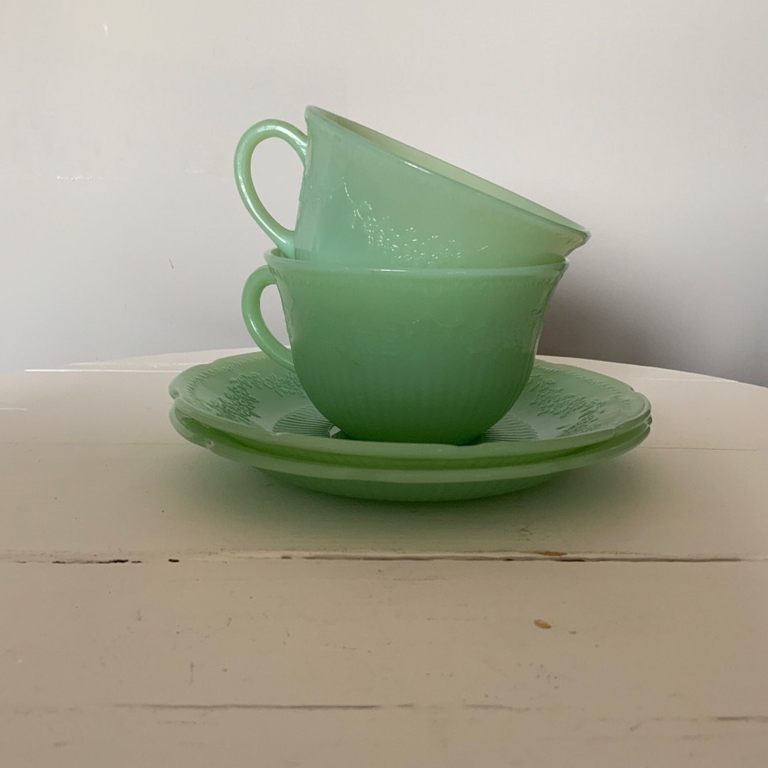 Vintage Jadeite Fire King Cup and Saucers 2 Alice Pattern Etsy