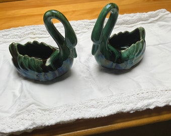 Pair of vintage Blue Mountain Pottery swans, clay pottery, candle holders, trinket holders, small vases