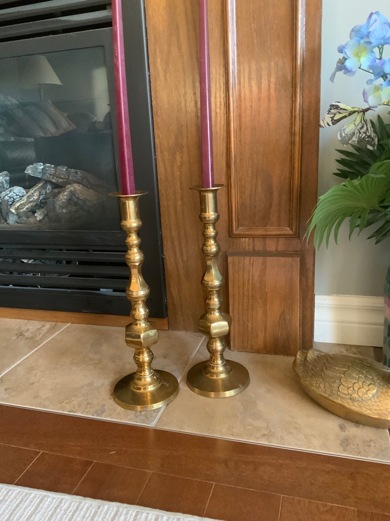 Large brass candlesticks, candle holders, set of four, vintage, boho home decor, mcm decor image 4