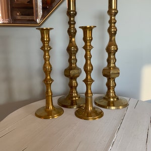Large brass candlesticks, candle holders, set of four, vintage, boho home decor, mcm decor image 1