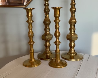 Large brass candlesticks, candle holders, set of four, vintage, boho home decor, mcm decor