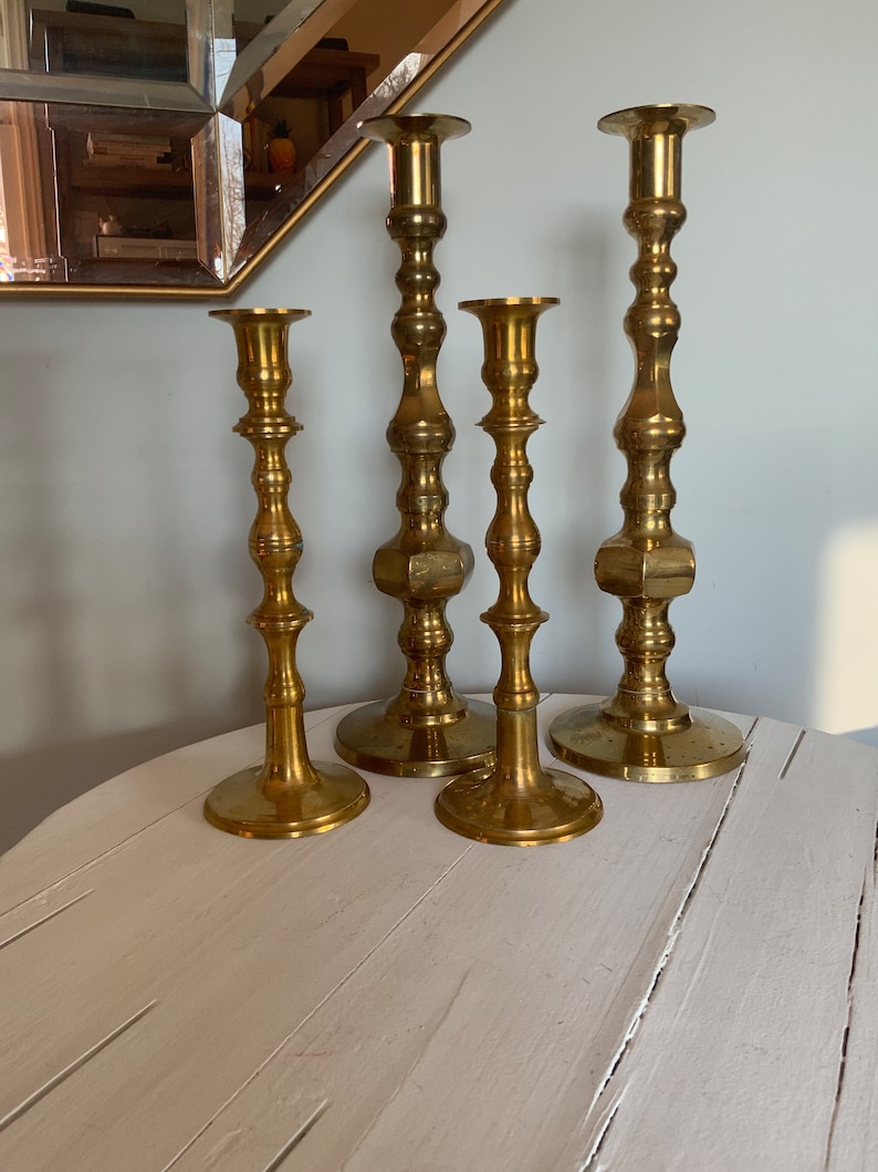 Large brass candlesticks, candle holders, set of four, vintage, boho home decor, mcm decor image 1