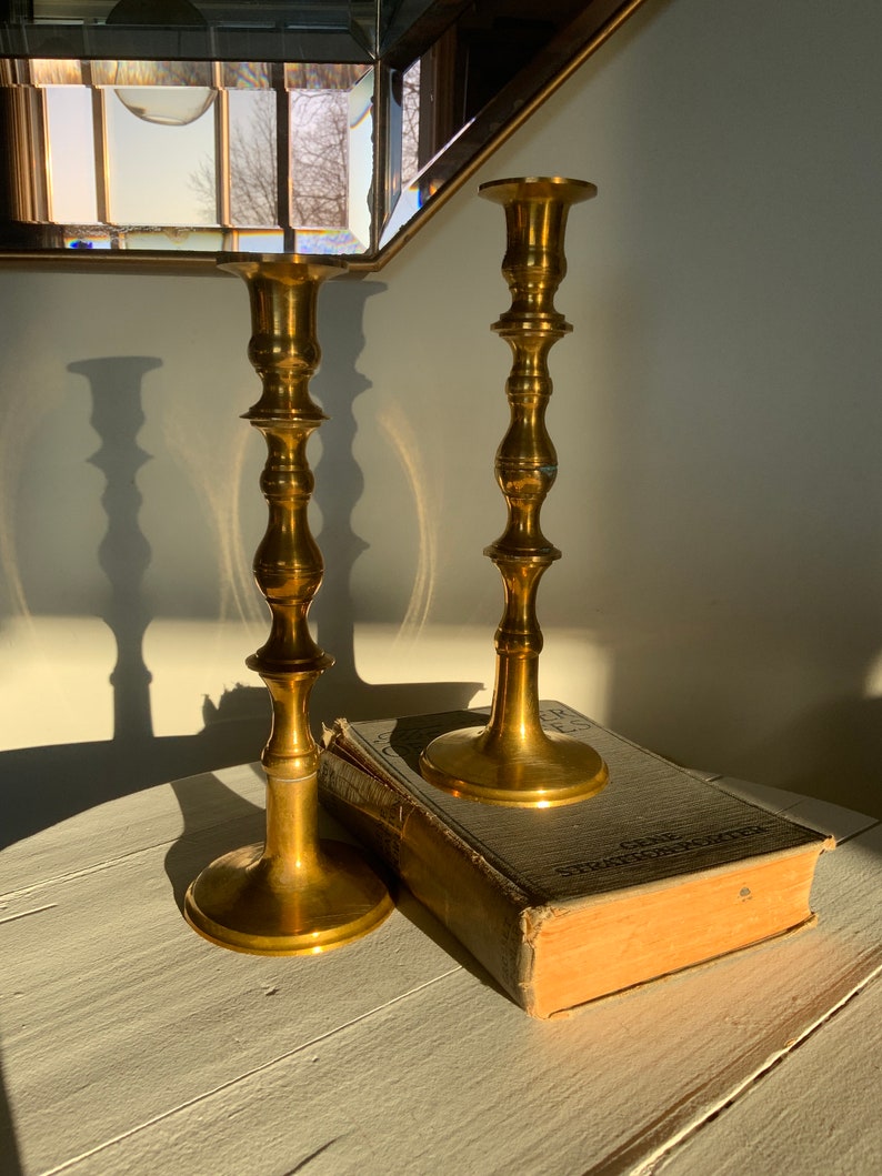 Large brass candlesticks, candle holders, set of four, vintage, boho home decor, mcm decor image 5