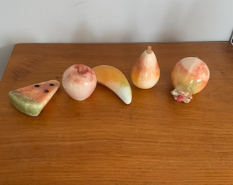 Carved set of 5 vintage stone fruit, alabaster, home decor, MCM
