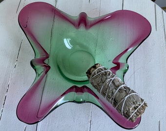 Glass art butterfly, dish, server, catch all, ashtray, pink and green, blown glass