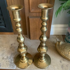 Large brass candlesticks, candle holders, set of four, vintage, boho home decor, mcm decor image 2