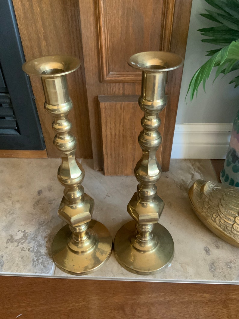 Large brass candlesticks, candle holders, set of four, vintage, boho home decor, mcm decor image 2