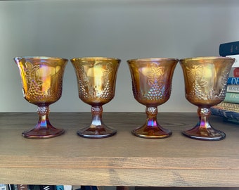 Indiana Glass set of four wine glasses, amber carnival glass, goblet, harvest grape