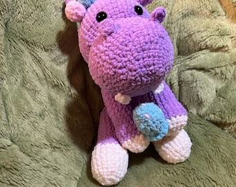 Crochet hippo plush (11.8”) — handmade amigurumi stuffed animal, squishy toy, or nursery decor.