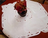 Square vintage Madeira tablecloth. Antique Linen White Vintage Richelieu tablecloth.