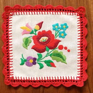 Hand-Embroidered 6.7&quot; Vintage Doily, Napkin with Traditional Hungarian (Kalocsa) Folk Embroidery