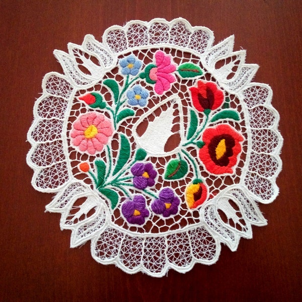 Hand embroidered 10" Kalocsa lace embroidery (Richelieu) doily with authentic Hungarian pattern
