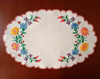 Hand embroidered Hungarian 13" vintage oval doily with authentic Kalocsa embroidery.