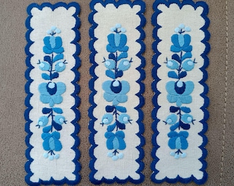 Marcador de página bordado à mão, azul, de linho, com bordados húngaros, estilo Matyo