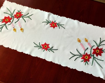 Hand-embroidered Christmas table runner with candles and poinsetta motives (34.5"x14")