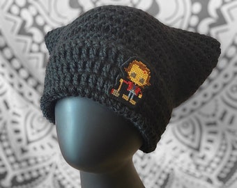 Crochet Cat Beanie - Themed w/ handmade 8bit Jack Torrance Cross-stitch Patch