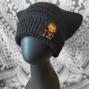 Crochet Cat Beanie - Themed w/ handmade 8bit Jack Torrance Cross-stitch Patch