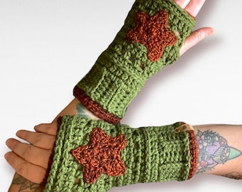 Army Green Crochet Fingerless Gloves - w/ two Star Appliques
