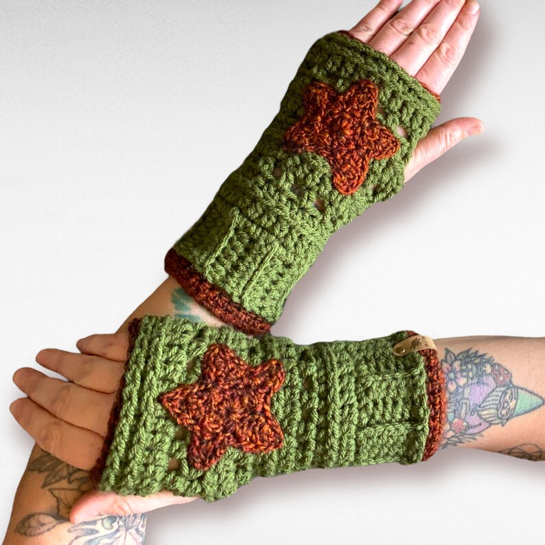 Army Green Crochet Fingerless Gloves w/ two Star Appliques image 1