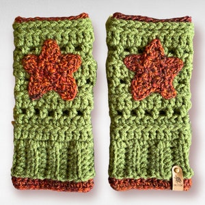 Army Green Crochet Fingerless Gloves w/ two Star Appliques image 2