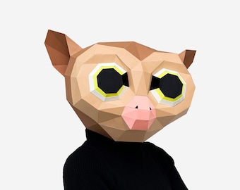 Tarsier Maske, Tarsier Papiermodell, DIY druckbare Tiermaske, Sofortiger Pdf-Download, 3D Low Poly Masken, Origami Maske, Geschenkidee
