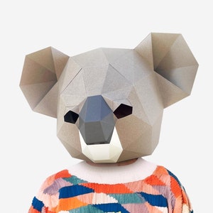 Máscara de coala fofa, modelo de artesanato de papel de urso coala, máscara de animal para impressão faça você mesmo, download instantâneo de PDF, máscaras 3D Low Poly, máscara de origami