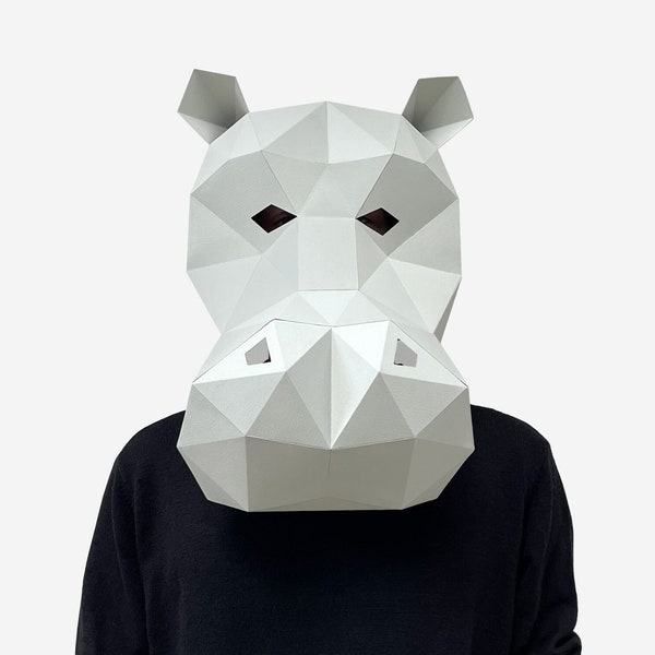 Masque d'hippopotame, modèle d'artisanat en papier, masque d'hippopotame imprimable bricolage, téléchargement immédiat au format PDF, masques 3D low poly, masque en origami, idée cadeau