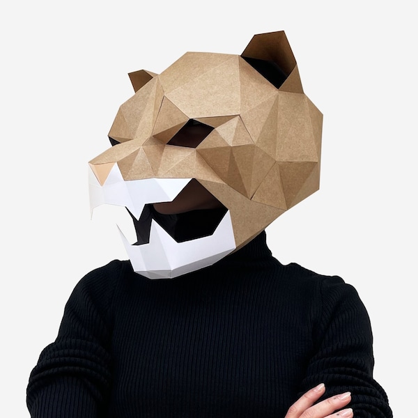 DIY Mountain Lion Roaring Mask Template, Cougar Paper Craft, DIY Printable Mask, Instant Pdf Download, 3D Low Poly Mask, Wildcat Mask