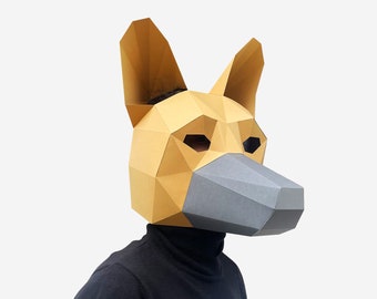 DIY Masque de berger allemand, modèle d'artisanat en papier, masque de berger, masque imprimable DIY, téléchargement PDF instantané, masque 3D low poly, chien en origami