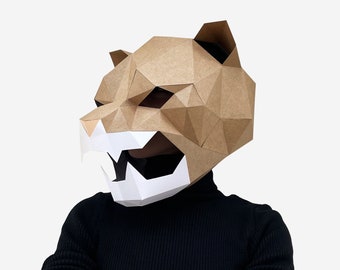 DIY Berglöwe brüllende Maskenvorlage, Puma Papierkunst, druckbare Maske zum Selbermachen, sofortiger Pdf-Download, 3D Low Poly Maske, Wildkatzen Maske
