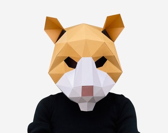 Plantilla de máscara de hámster de bricolaje, artesanía de papel, máscara imprimible de bricolaje, descarga instantánea de PDF, máscara 3D de baja poli, hámster malvado, linda idea de regalo de bricolaje