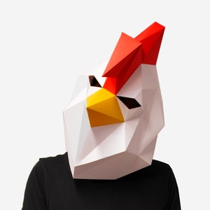 Maschera gallo, modello di carta artigianale, maschera animale fai da te stampabile, download immediato di PDF, maschere 3D low poly, maschera gallo, maschera pollo maschio
