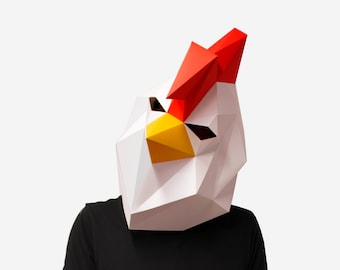 Hahn Maske, Papier Handwerk Vorlage, DIY druckbare Tiermaske, sofortiger Pdf Download, 3D Low Poly Masken, Hahn Maske, Huhn Maske männlich