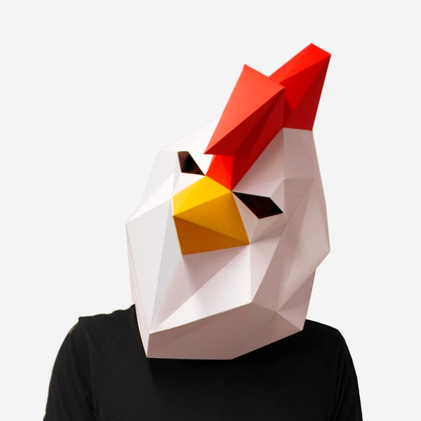 Máscara de gallo, plantilla de artesanía de papel, máscara de animal imprimible DIY, descarga instantánea de PDF, máscaras 3D Low Poly, máscara de gallo, máscara de pollo macho