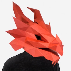 Maschera di drago, costume da drago rosso, modello di carta artigianale, cosplay, maschera di Halloween, PDF, download immediato, maschera di carta fai da te, maschera facciale 3D low poly