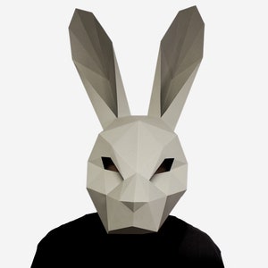 Maschera di lepre fai da te, maschera di coniglio, maschera di Halloween, coniglio di Pasqua, download immediato di PDF, maschera stampabile, artigianato di carta, maschera low poly, lepre origami