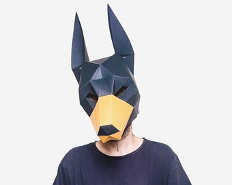 Hundemaske, Dobermann, DIY druckbare Tiermaske, Sofortiger Pdf Download, 3D Low Poly Masken, Papercraft Vorlage, Origami Maske, Geschenkidee