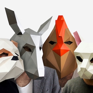 May include: Four paper masks, each depicting a different animal. The masks are white, gray, brown, and beige. The masks are all made of paper and have a three-dimensional design. The masks are worn by people, but the people are not visible in the image.