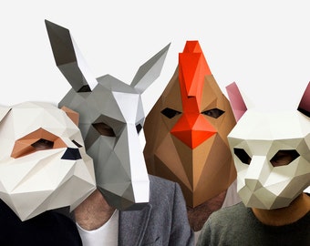 Bremen musicians, Cat, Dog, Donkey, Rooster Head,Instant Pdf download, DIY  Paper Mask, Printable Mask