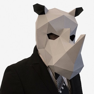 Masque de rhinocéros bricolage, modèle d'artisanat en papier, rhinocéros imprimable, masque, téléchargement instantané de pdf, masque 3D Low Poly, animal en origami, cadeau de rhinocéros image 1