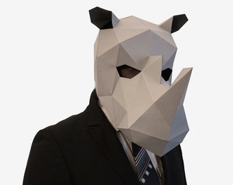 DIY Nashorn Maske, Papier Bastelvorlage, druckbare Nashorn, Maske, Sofortiger Pdf Download, 3D Low Poly Maske, Origami Tier, Nashorn Geschenk