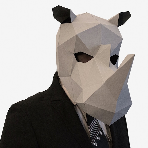 Masque de rhinocéros bricolage, modèle d'artisanat en papier, rhinocéros imprimable, masque, téléchargement instantané de pdf, masque 3D Low Poly, animal en origami, cadeau de rhinocéros