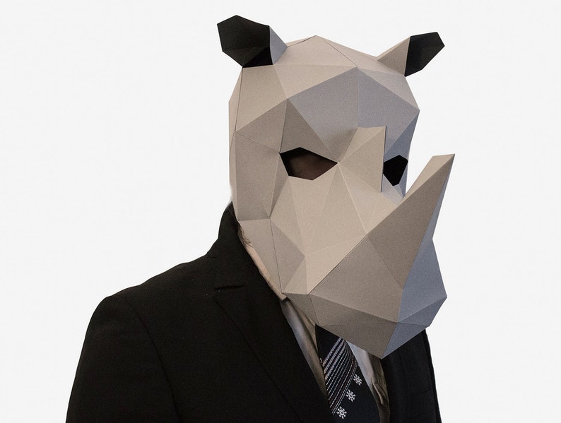 Masque de rhinocéros bricolage, modèle d'artisanat en papier, rhinocéros imprimable, masque, téléchargement instantané de pdf, masque 3D Low Poly, animal en origami, cadeau de rhinocéros image 1