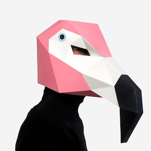 Maschera fenicottero fai da te, maschera uccello, modello di carta 3D, maschera di Halloween, maschera di carta stampabile, download PDF immediato, low poly, uccello origami